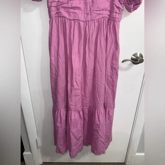 Abercrombie & Fitch Emerson Linen-Blend Puff Sleeve Midi Dress in Pink Size L - Picture 11 of 16